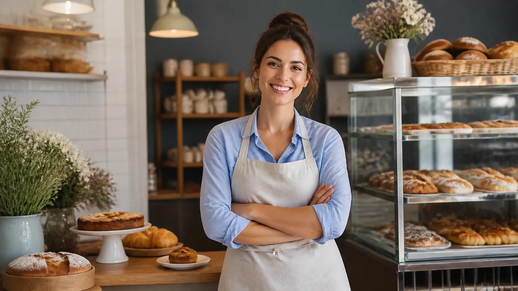 A smiling bakery owner standing in front of her pastry display