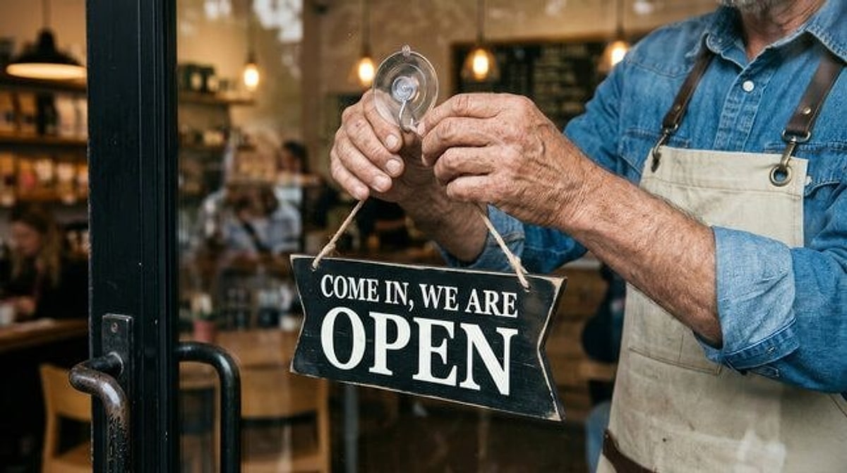 A smiling local shop owner greeting a customer